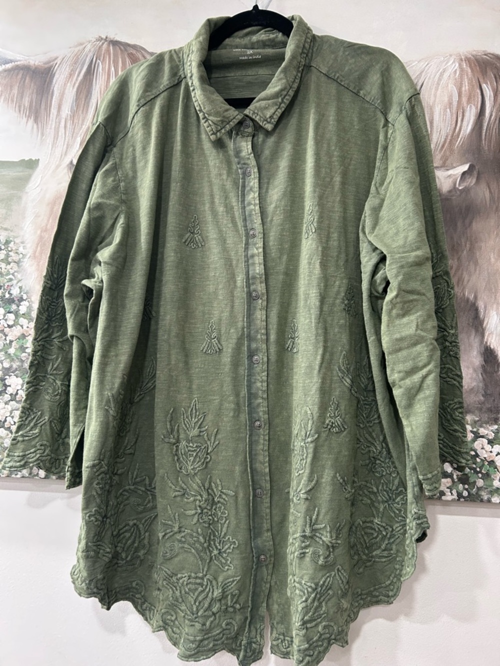 CAITE Green Embroidered Button Down Top